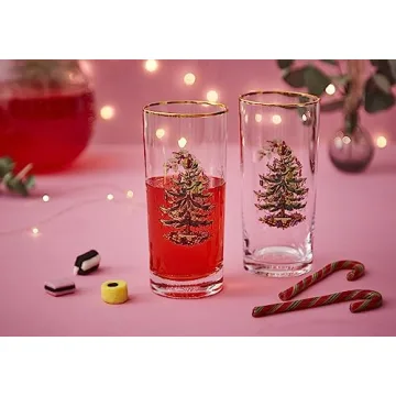 Spode Christmas Tree 15oz Highball Glasses, Set of 4 - Gold-Rimmed Elegant Holiday-Themed Glassware, Festive Holiday Drinkware for Christmas Parties, New Year’s Toasts, and Festive Occasions