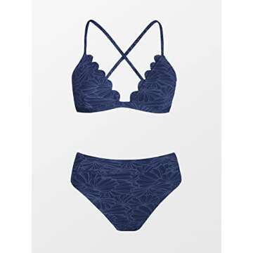 CUPSHE High Waisted Bikini Two Piece Swimsuits Scalloped V Neck Crisscross Back Jacquard Bathing Suits Navy