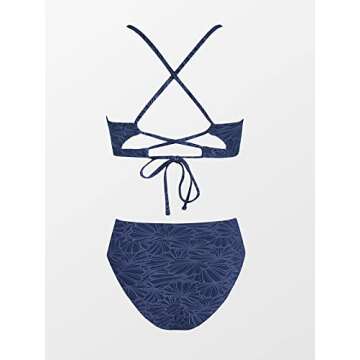 CUPSHE High Waisted Bikini Two Piece Swimsuits Scalloped V Neck Crisscross Back Jacquard Bathing Suits Navy