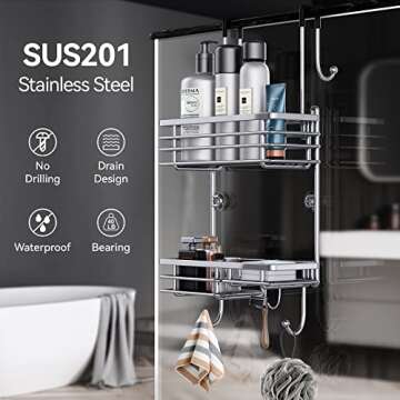 Gaseawolf Over the Door Shower Caddy, Stainless Steel Hanging Shower Caddy, No Drilling Shower Organizer Over Shower Door with 2-Tier Rack and Hooks, Holds Body Wash, Shampoo, Soap, Razor, Towel