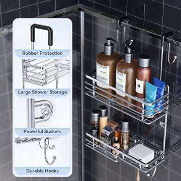 Gaseawolf Over the Door Shower Caddy, Stainless Steel Hanging Shower Caddy, No Drilling Shower Organizer Over Shower Door with 2-Tier Rack and Hooks, Holds Body Wash, Shampoo, Soap, Razor, Towel