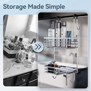 Gaseawolf Over the Door Shower Caddy, Stainless Steel Hanging Shower Caddy, No Drilling Shower Organizer Over Shower Door with 2-Tier Rack and Hooks, Holds Body Wash, Shampoo, Soap, Razor, Towel