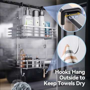 Gaseawolf Over the Door Shower Caddy, Stainless Steel Hanging Shower Caddy, No Drilling Shower Organizer Over Shower Door with 2-Tier Rack and Hooks, Holds Body Wash, Shampoo, Soap, Razor, Towel