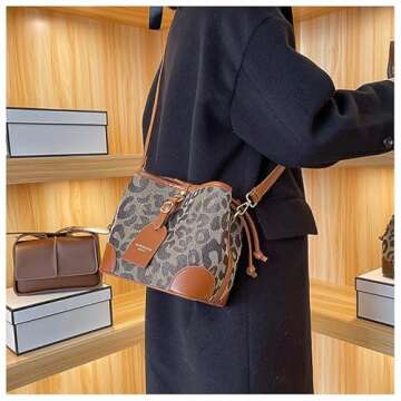 Leopard Print Drawstring Bucket Bag Cheetah Pu Leather Crossbody Drawstring Bucket Handbag Hobo Bag (Brown)