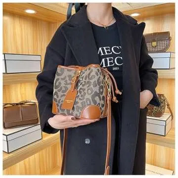Leopard Print Drawstring Bucket Bag Cheetah Pu Leather Crossbody Drawstring Bucket Handbag Hobo Bag (Brown)