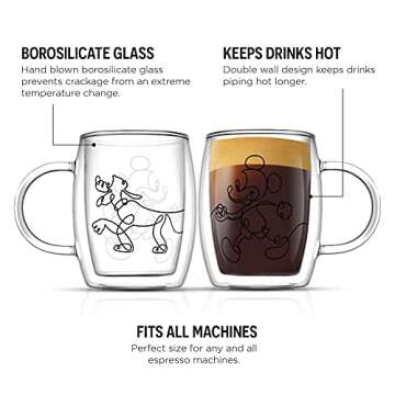 JoyJolt 'Aroma' Disney Mickey and Pluto 5.4oz Glass Cups Set - Unique Insulated Double Wall Espresso...