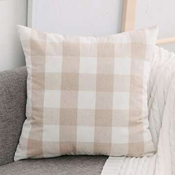 NATUS WEAVER 2 Pc Beige White Cotton Buffalo Check Plaid Gingham Throw Pillow Cover Pillowcase Cushion Case with Smooth Invisible Zipper for Car, 12" x 12"