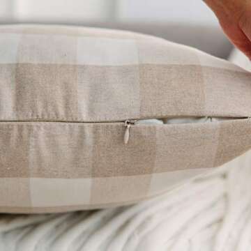 NATUS WEAVER 2 Pc Beige White Cotton Buffalo Check Plaid Gingham Throw Pillow Cover Pillowcase Cushion Case with Smooth Invisible Zipper for Car, 12" x 12"