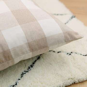 NATUS WEAVER 2 Pc Beige White Cotton Buffalo Check Plaid Gingham Throw Pillow Cover Pillowcase Cushion Case with Smooth Invisible Zipper for Car, 12" x 12"