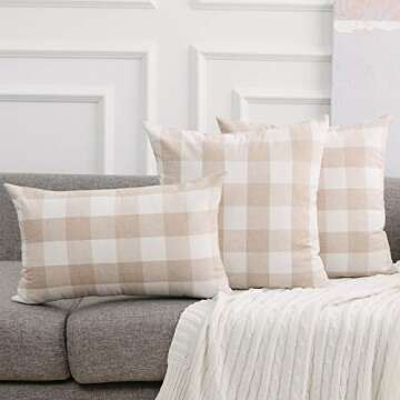 NATUS WEAVER 2 Pc Beige White Cotton Buffalo Check Plaid Gingham Throw Pillow Cover Pillowcase Cushion Case with Smooth Invisible Zipper for Car, 12" x 12"