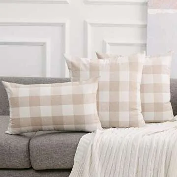 NATUS WEAVER 2 Pc Beige White Cotton Buffalo Check Plaid Gingham Throw Pillow Cover Pillowcase Cushion Case with Smooth Invisible Zipper for Car, 12" x 12"