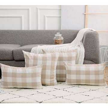 NATUS WEAVER 2 Pc Beige White Cotton Buffalo Check Plaid Gingham Throw Pillow Cover Pillowcase Cushion Case with Smooth Invisible Zipper for Car, 12" x 12"