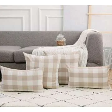 NATUS WEAVER 2 Pc Beige White Cotton Buffalo Check Plaid Gingham Throw Pillow Cover Pillowcase Cushion Case with Smooth Invisible Zipper for Car, 12" x 12"