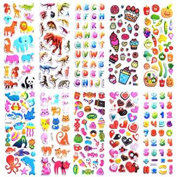 Stickers for Kids 1000+, 3D Puffy Stickers 40 Different Sheets, Cute Stickers Variety Pack for Kids Scrapbooking,Gifts, Rewards Including Animals, Stars, Fishes, Hearts, Dinosaurs, Cars and More