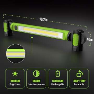 wokelux Mechanic Work Light, 3000LM Magnetic Work Light, 5200mAh Rechargeable LED Work Light Bar, Portable Cordless Underhood Work Lights with Hooks for Inspection Workshop Emergency