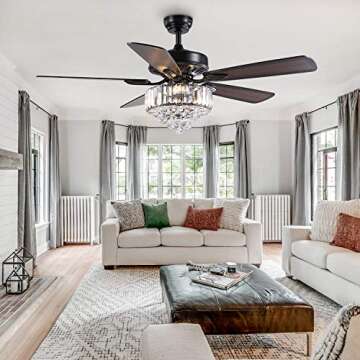 Moooni 52" Luxury Crystal Ceiling Fan with Light Modern Fan with Led Light and 5 Reversible Wood Bla...