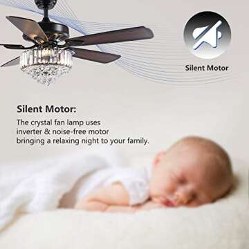 Moooni 52" Luxury Crystal Ceiling Fan with Light Modern Fan with Led Light and 5 Reversible Wood Blades Fan with Chandelier for Bedroom Dining Room Living Room Black