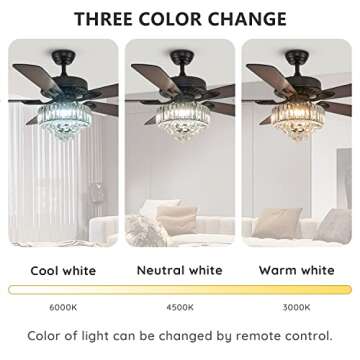 Moooni 52" Luxury Crystal Ceiling Fan with Light Modern Fan with Led Light and 5 Reversible Wood Blades Fan with Chandelier for Bedroom Dining Room Living Room Black