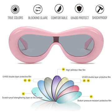 BAWUYI Oversized One Piece Inflated Sunglasses for Women & Men Y2K Shield Glasses Thick Frame Hip Hop Aesthetic Shades (Pink)