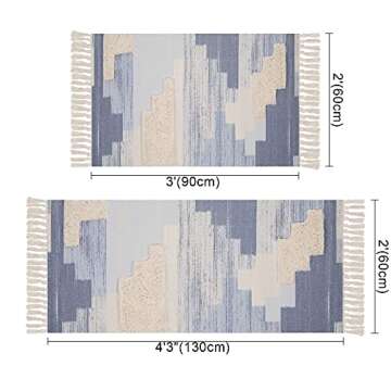 HiiARug Boho Rug Tufted Boho Bathroom Rugs Set of 2, Boho Room Decor Rug with Tassel Washable Rug for Bathroom Kitchen Decor Bedroom Laundry Room Living Room (2'x3'+2'x4'3", Blue)