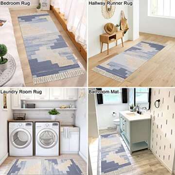 HiiARug Boho Rug Tufted Boho Bathroom Rugs Set of 2, Boho Room Decor Rug with Tassel Washable Rug for Bathroom Kitchen Decor Bedroom Laundry Room Living Room (2'x3'+2'x4'3", Blue)