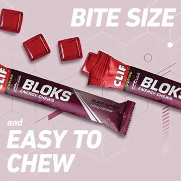 CLIF BLOKS Energy Chews - Black Cherry with 50mg Caffeine - Non-GMO - Plant Based Food - Fast Fuel for Cycling and Running-Workout Snack (2.1 Ounce Packet, 3 Count)