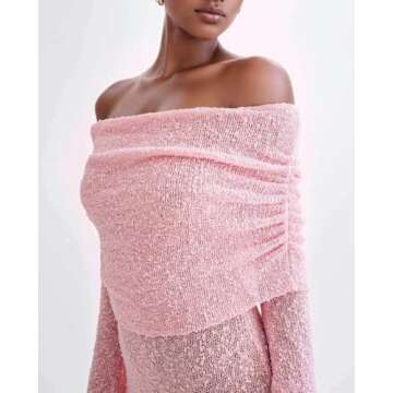 Voghtic Women's Sexy Off Shoulder Knit Crochet Mesh Mini Bodycon Dress Ruched Elegant Sweater Cocktail Party Dresses Pink