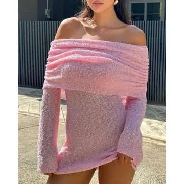 Voghtic Women's Sexy Off Shoulder Knit Crochet Mesh Mini Bodycon Dress Ruched Elegant Sweater Cocktail Party Dresses Pink