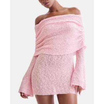 Voghtic Women's Sexy Off Shoulder Knit Crochet Mesh Mini Bodycon Dress Ruched Elegant Sweater Cocktail Party Dresses Pink