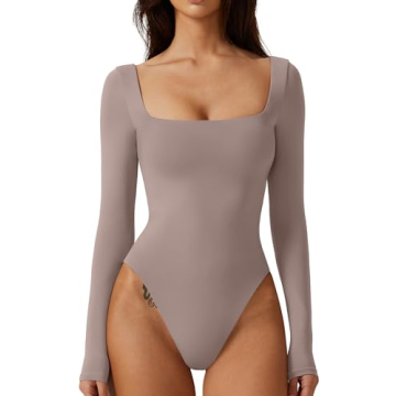 QINSEN Women’s Sexy Square Neck Bodysuit - Stylish Double Lined T-Shirt Tops