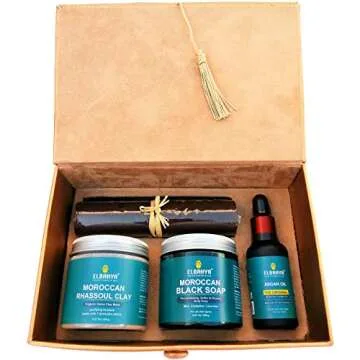 Elbahya ★ Moroccan Hammam Kit Include (Moroccan Black Soap with Lavender, Natural Ghassoul Clay with Rose Water, Argan Bar Soap, Exfoliating Glove, Pumice Stone and Manual Guide) Perfect Gift Idea!