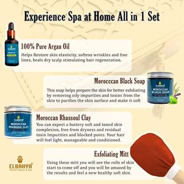Elbahya ★ Moroccan Hammam Kit Include (Moroccan Black Soap with Lavender, Natural Ghassoul Clay with Rose Water, Argan Bar Soap, Exfoliating Glove, Pumice Stone and Manual Guide) Perfect Gift Idea!