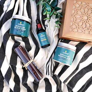 Elbahya ★ Moroccan Hammam Kit Include (Moroccan Black Soap with Lavender, Natural Ghassoul Clay with Rose Water, Argan Bar Soap, Exfoliating Glove, Pumice Stone and Manual Guide) Perfect Gift Idea!