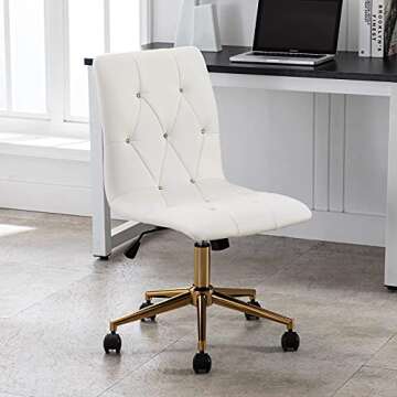 DUHOME Modern Home Office Chair，Cute White Desk Chair with Gold Base, PU Leather Task Chair Computer Chair Rolling Chair with Wheels, Armless Vanity Chair for Teens