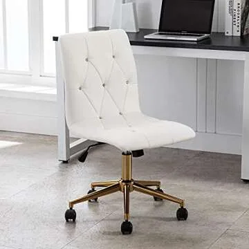DUHOME Modern Home Office Chair，Cute White Desk Chair with Gold Base, PU Leather Task Chair Computer Chair Rolling Chair with Wheels, Armless Vanity Chair for Teens