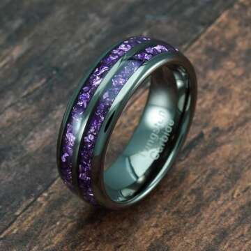 100S JEWELRY Personalized Tungsten Ring with Amethyst Inlay