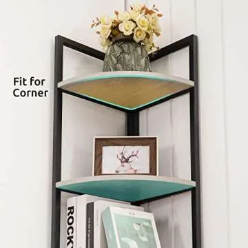 Apicizon 5 Tier Corner Shelf, Industrial Corner Bookshelf with Metal Frame, Rustic Corner Storage Rack Shelves Display Plant Flower, Stand Bookcase for Home Office, Small Place, Kitchen, Rustic Grey