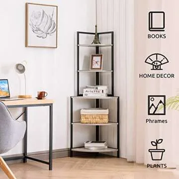 Apicizon 5 Tier Corner Shelf, Industrial Corner Bookshelf with Metal Frame, Rustic Corner Storage Rack Shelves Display Plant Flower, Stand Bookcase for Home Office, Small Place, Kitchen, Rustic Grey