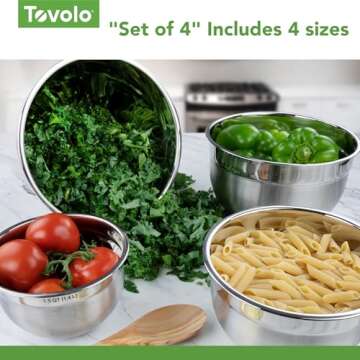 Tovolo Stainless Steel Mixing Bowls, 1.5 Qt - Metal Nesting Mixing Bowl with Rounded Lip for Easy Pour & Minimal Mess - Large & Small Dishwasher Safe Kitchen Supplies for Prep & Cooking