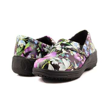 Laforst Rachel 7003 Womens Leather Slip Resistant Server Waitress Slip On Clog Purple Flower 7.5