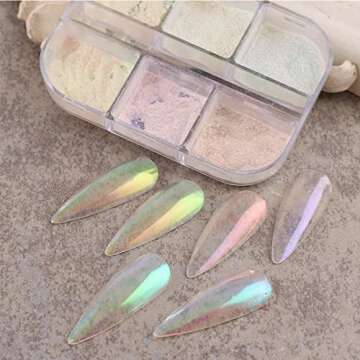 Chrome Nail Powder 6 Colors Mirror Laser Aurora for Resin Set, Metallic Iridescent Mica Nail Mirror Multi-Chrome Iridescent Nails Powder Manicure Pigment