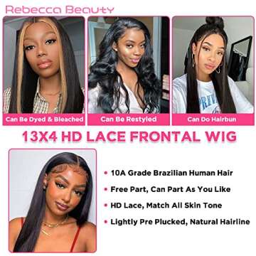 Rebecca Beauty Straight Lace Front Wig Human Hair, 13X4 Lace Frontal Wig Pre Plucked with Baby Hair, Brazilian Human Hair Wig 150% Density (Natural Black 18 Inch)