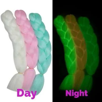 Glow in the Dark Colorful Jumbo Braiding Hair Extensions for Rainbow Braids 24inch 3pcs (White/Pink/Green)