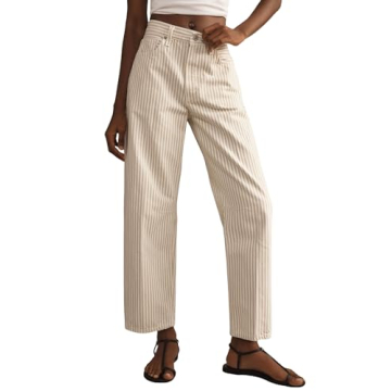 LifeShe Women Striped Denim Pants High Waist Barrel Jeans Y2k Baggy Boyfriend Jeans with Pockets Bei...