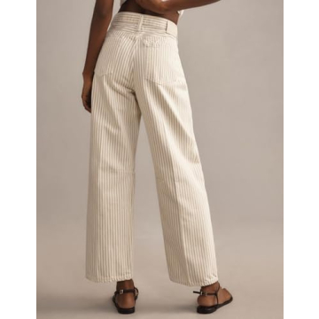 LifeShe Women Striped Denim Pants High Waist Barrel Jeans Y2k Baggy Boyfriend Jeans with Pockets Beige