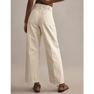 LifeShe Women Striped Denim Pants High Waist Barrel Jeans Y2k Baggy Boyfriend Jeans with Pockets Beige