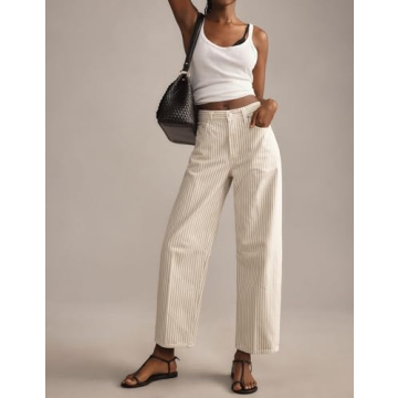 LifeShe Women Striped Denim Pants High Waist Barrel Jeans Y2k Baggy Boyfriend Jeans with Pockets Beige