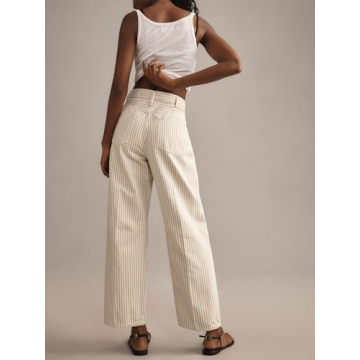 LifeShe Women Striped Denim Pants High Waist Barrel Jeans Y2k Baggy Boyfriend Jeans with Pockets Beige