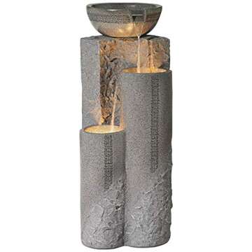 Bowl and Pillar Zen Modern Outdoor Floor Water Fountain 34 1/2" High with LED Light Cascading for Ga...