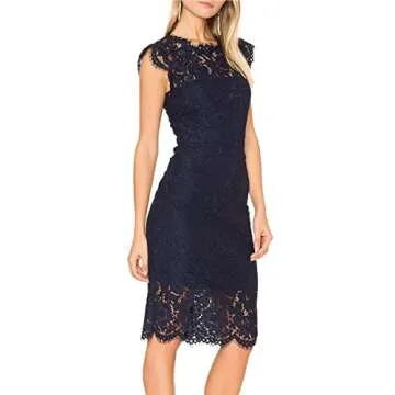MEROKEETY Women's 2025 Lace Floral Midi Dresses Classic Elegant Party Dinner Photoshoot Dress, Navy, Large
